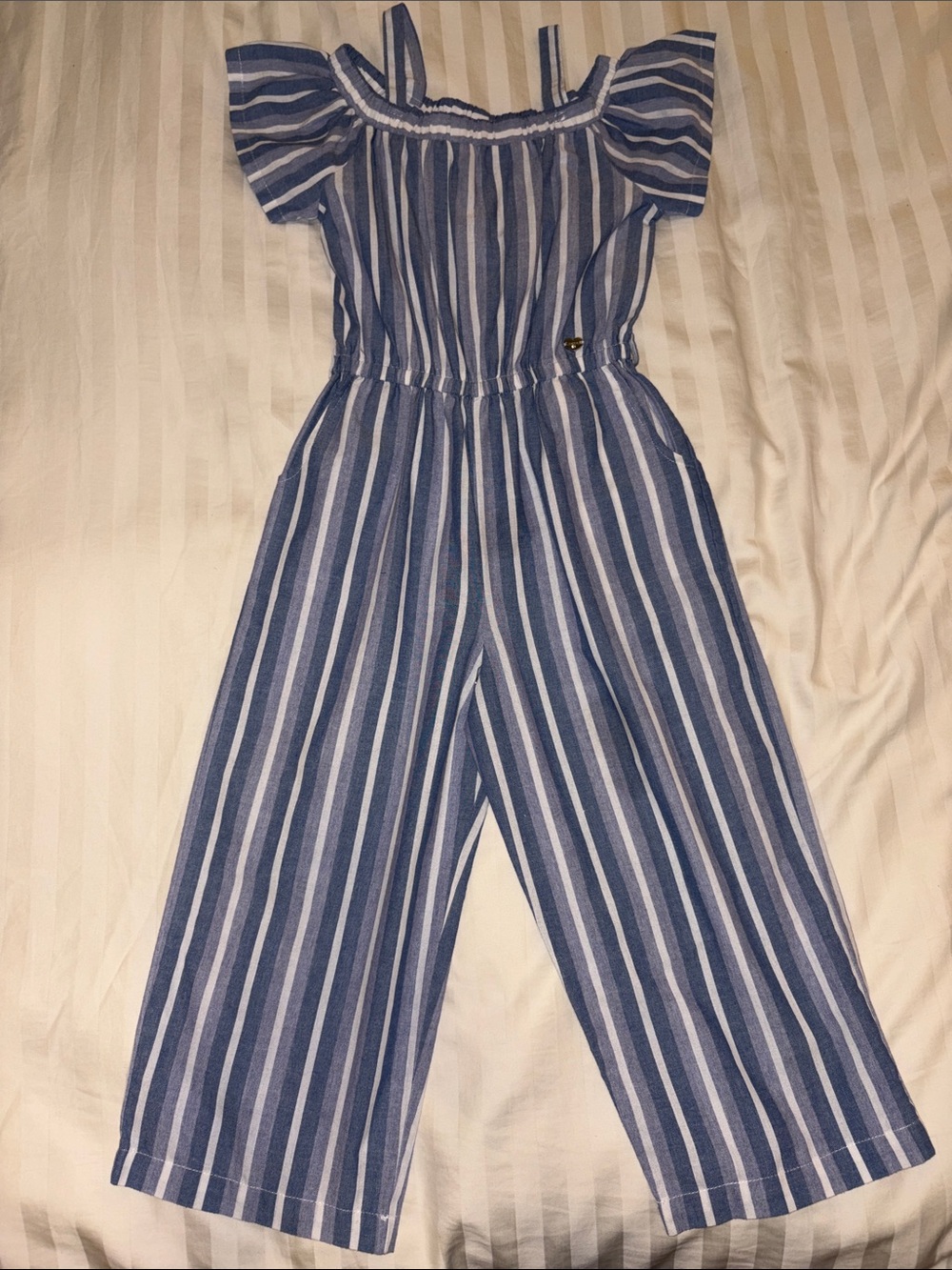 Bebe Girls Blue & White Striped Off-Shoulder Jumpsuit Romper